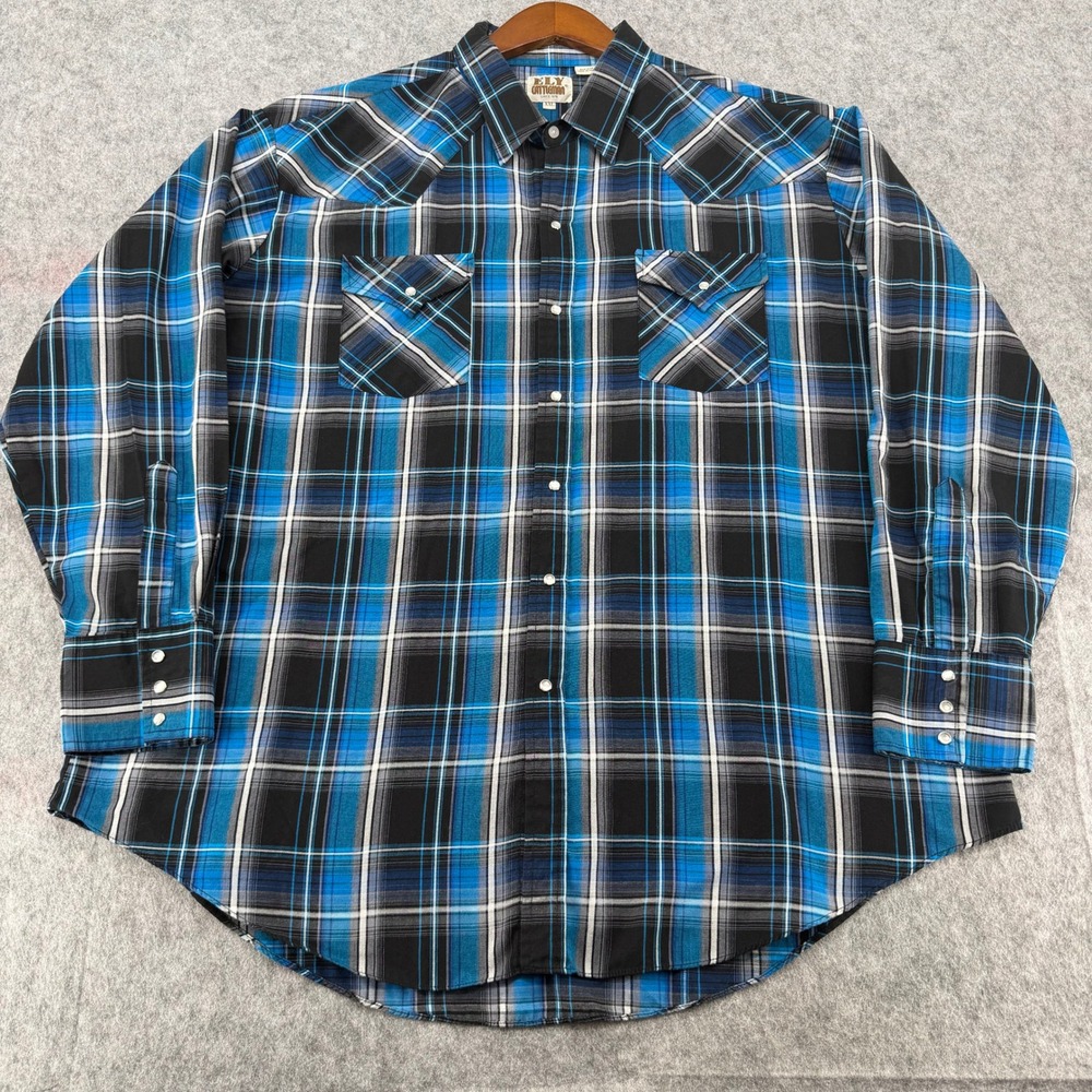 Ely Cattleman Mens XXL Blue Plaid Pearl Snap Western Long Sleeve Shirt